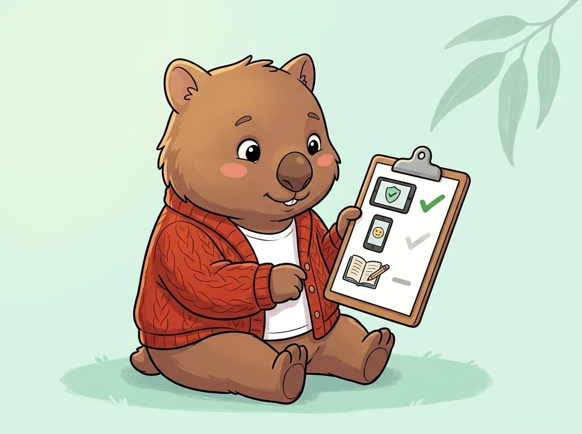 Tilly the wombat sitting cross-legged with a clipboard, comparing cyber-safety programs against a checklist of three icons (tablet, smartphone, book) with green check, faded check, and dash marks.