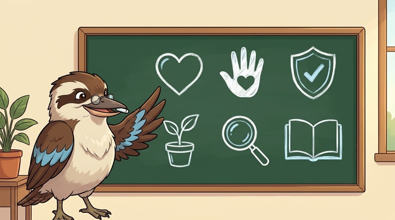 Kooka the kookaburra teaching at a chalkboard with the six eSafety Best Practice Framework pillar icons chalked behind him: heart, hand-with-heart, shield-with-check, sapling-in-pot, magnifying-glass, open-book.