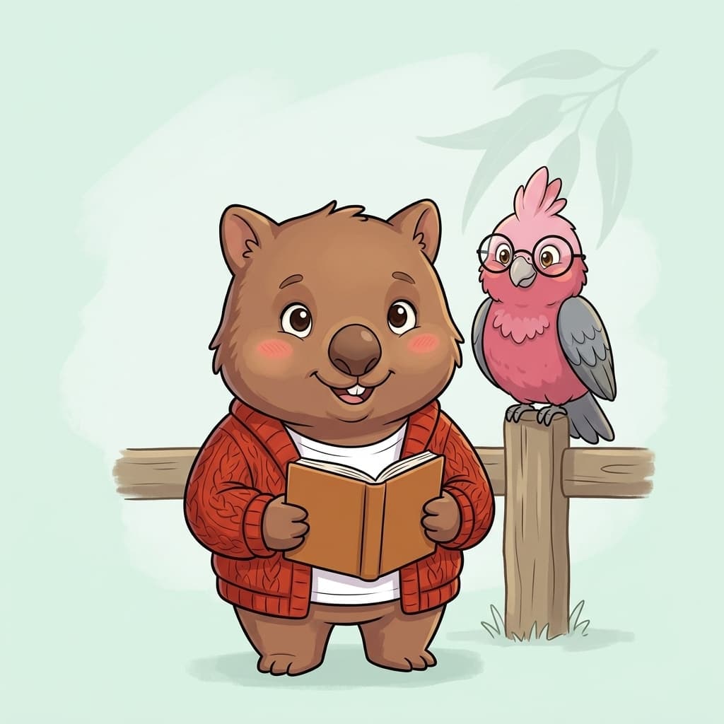 Younger Tilly the wombat in her open red cardigan over white tee, holding a small picture book. Gabs the galah perched on a fence post nearby.