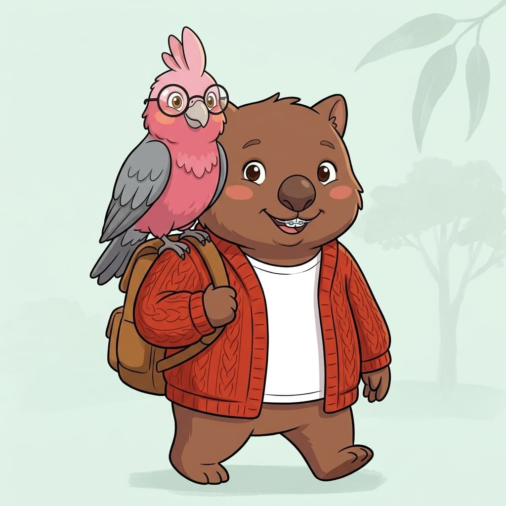 Grade-6 Tilly with small silver braces on her smile, walking confidently with a backpack in her open red cardigan over plain white tee. Gabs the galah perched on her shoulder, pink head and grey wings.