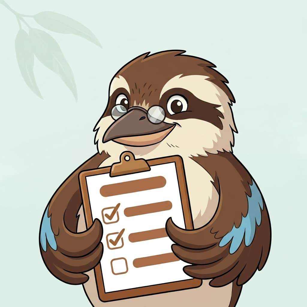 Kooka the elder kookaburra in his reading glasses, holding a small clipboard — the brand's signal that the guides on this page are the work of a careful pro, not a marketing team.