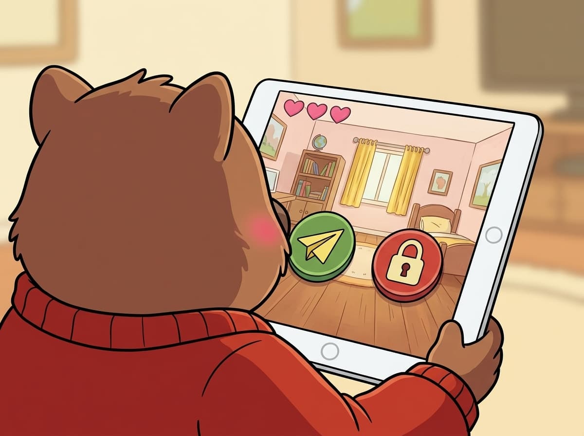 Over-the-shoulder view of Tilly playing the Kookabytes ep1 mini-game on her tablet