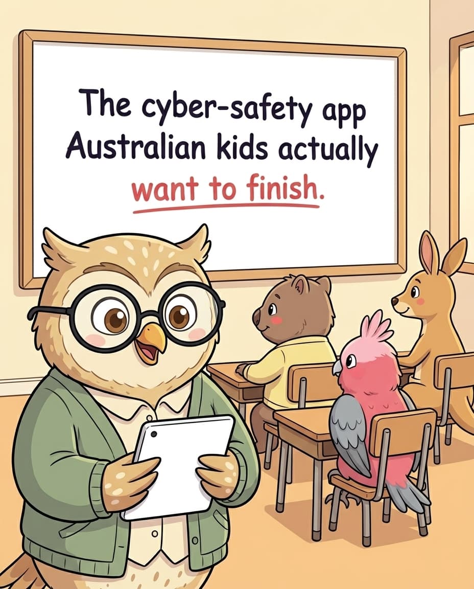 A painted-cel scene of a Year-3 Australian primary classroom mid-Kookabytes-lesson — teacher with an iPad, kids facing a whiteboard with Kooka the kookaburra leading the lesson.