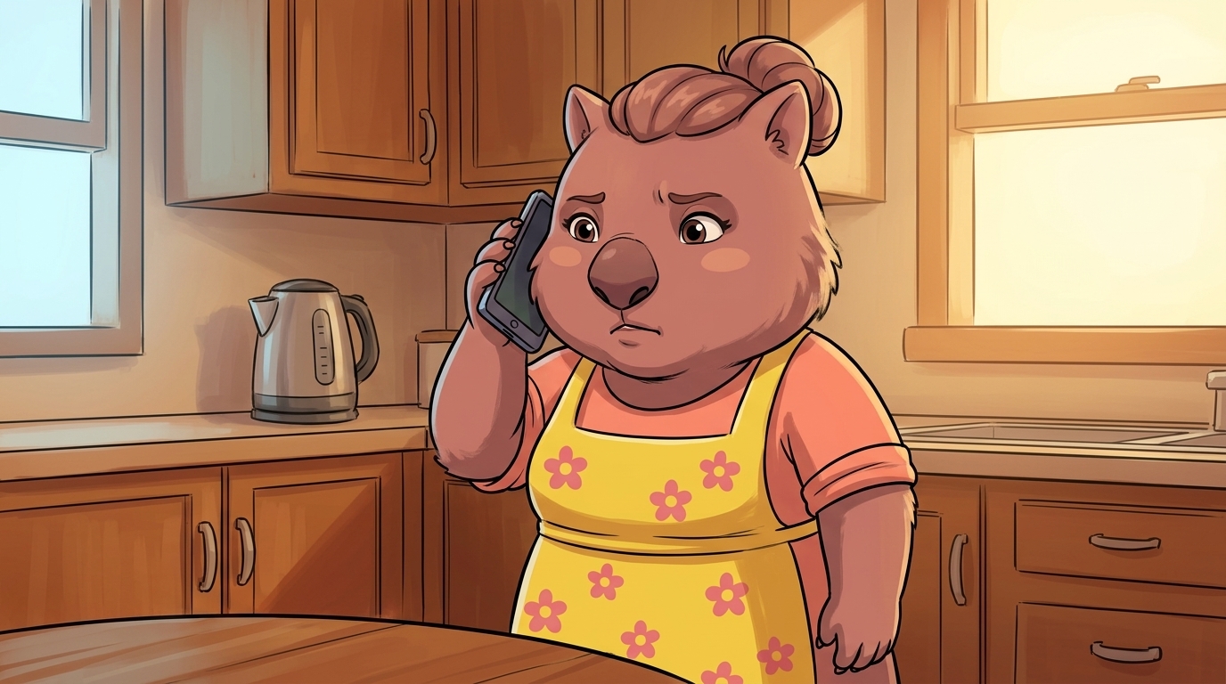 Mum the wombat standing in a warm timber kitchen, holding a smartphone to her ear. Her expression is concerned and thinking — furrowed brow, closed-mouth pursed lip, eyes calm but attentive. Kettle on the bench behind her.