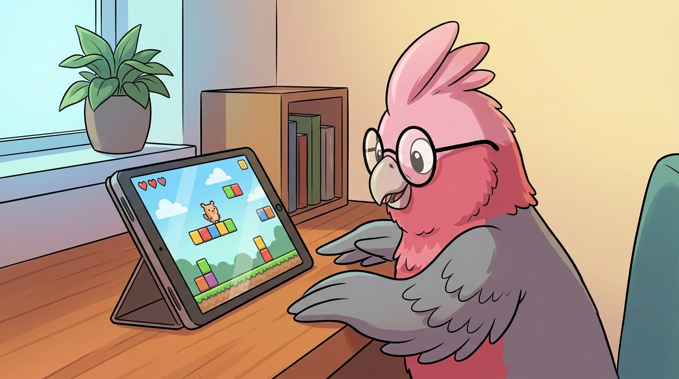 Gabs the galah seated at a wooden desk in a cosy family-room corner, focused on a tablet propped on a stand showing a stylised cartoon platformer. Bookshelf and houseplant in the background. Calm afternoon light.