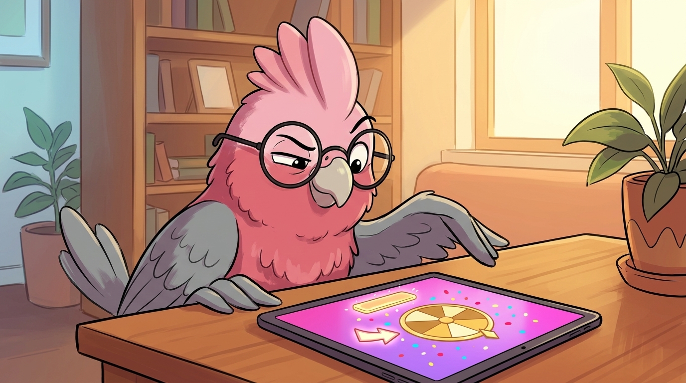 Gabs the galah leaning forward at a wooden desk, head tilted, one eyebrow raised over her round glasses in suspicion. The tablet on the desk shows a stylised fake-prize trap — a gold spinner wheel, fake confetti, and a glowing button. Family-room background.