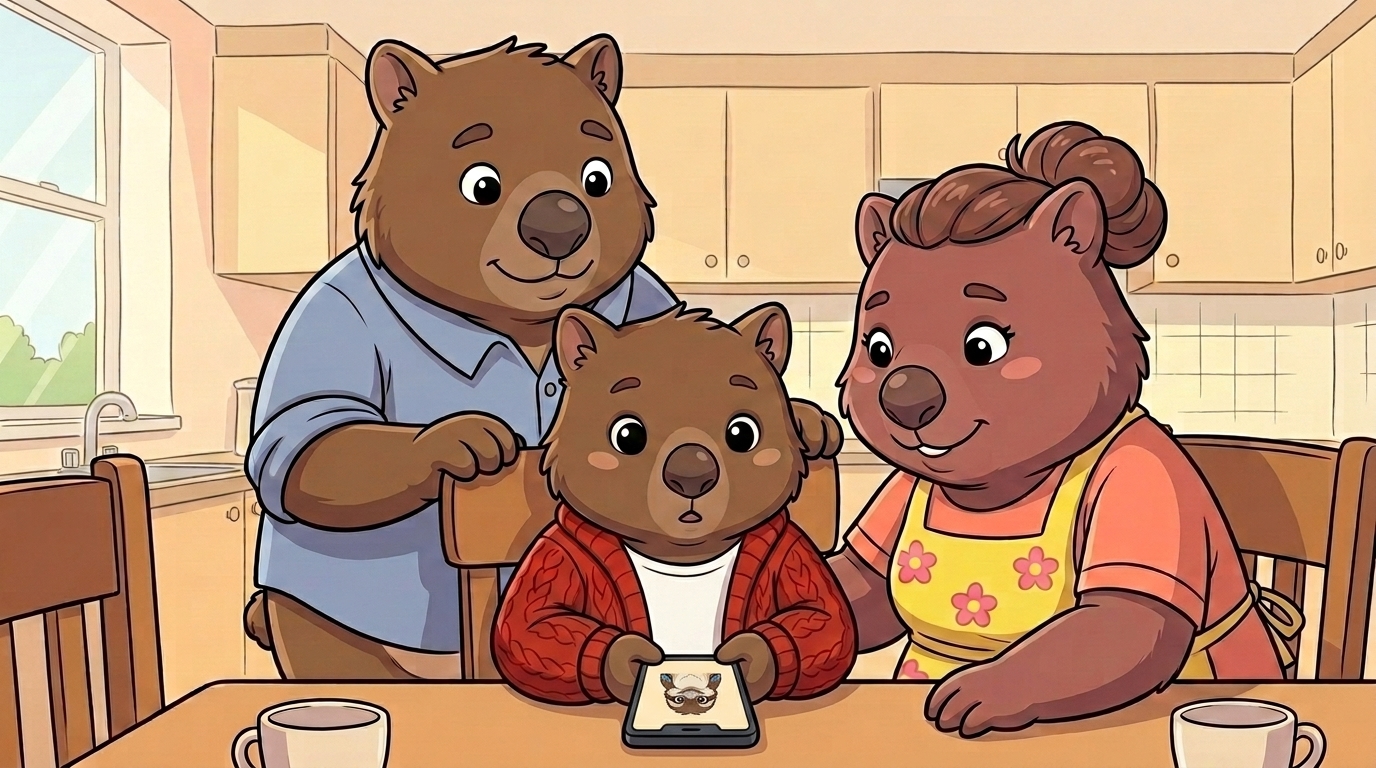 Tilly the wombat seated at the kitchen table holding her first smartphone, with Mum and Dad watching warmly. The phone screen shows the Kookabytes mascot, oriented right-way-up from Tilly's perspective.
