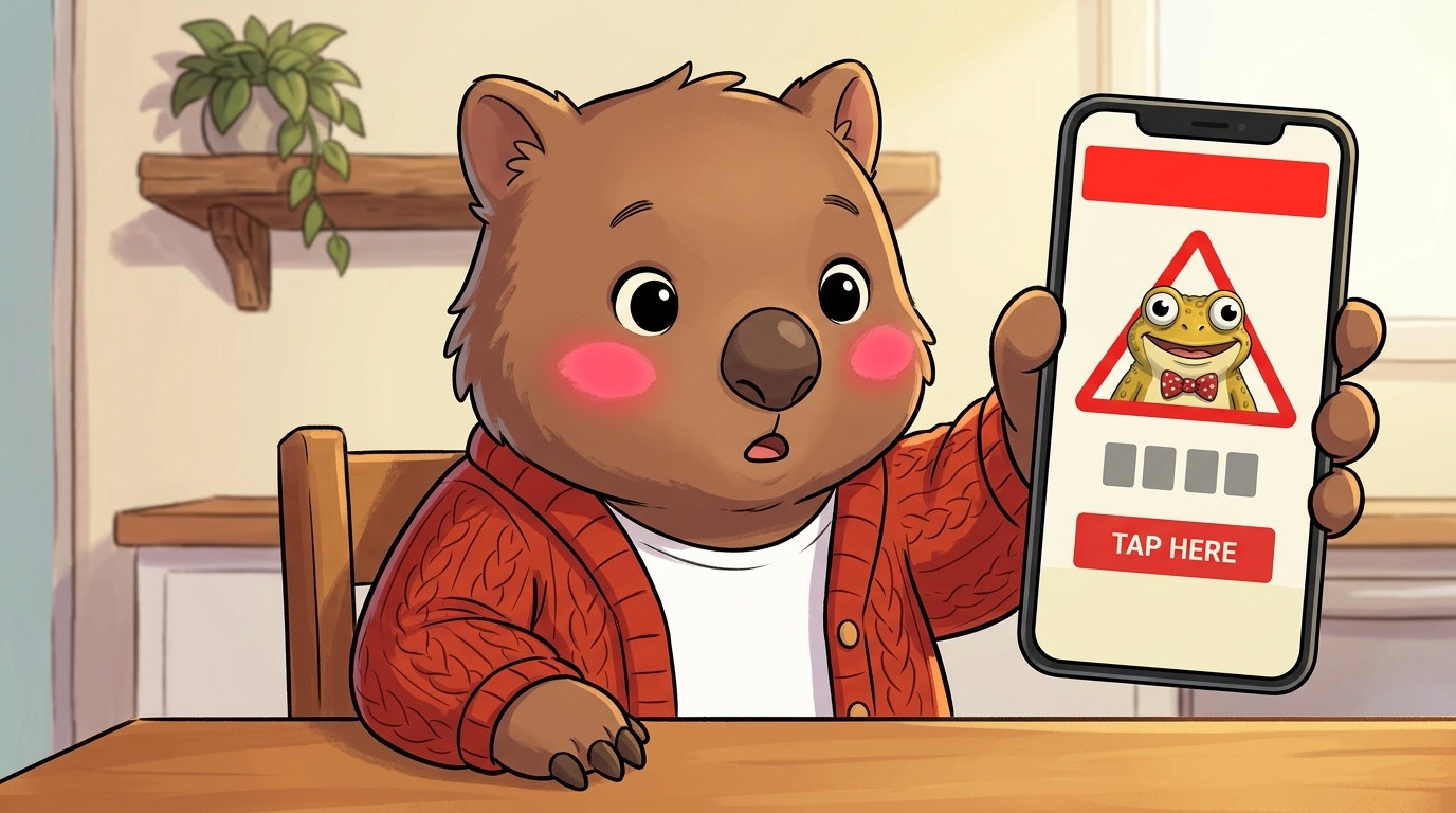Tilly the wombat at a wooden kitchen table holding up a smartphone with the screen facing the camera. The phone shows a fake-virus warning popup — a red banner across the top, a red warning triangle in the middle containing Crook the cane toad's silly face (the visual metaphor that scammers are behind these popups), placeholder countdown blocks, and a fake red TAP HERE button. Tilly's pink cheek patches are bright. Her expression is alert and slightly startled.