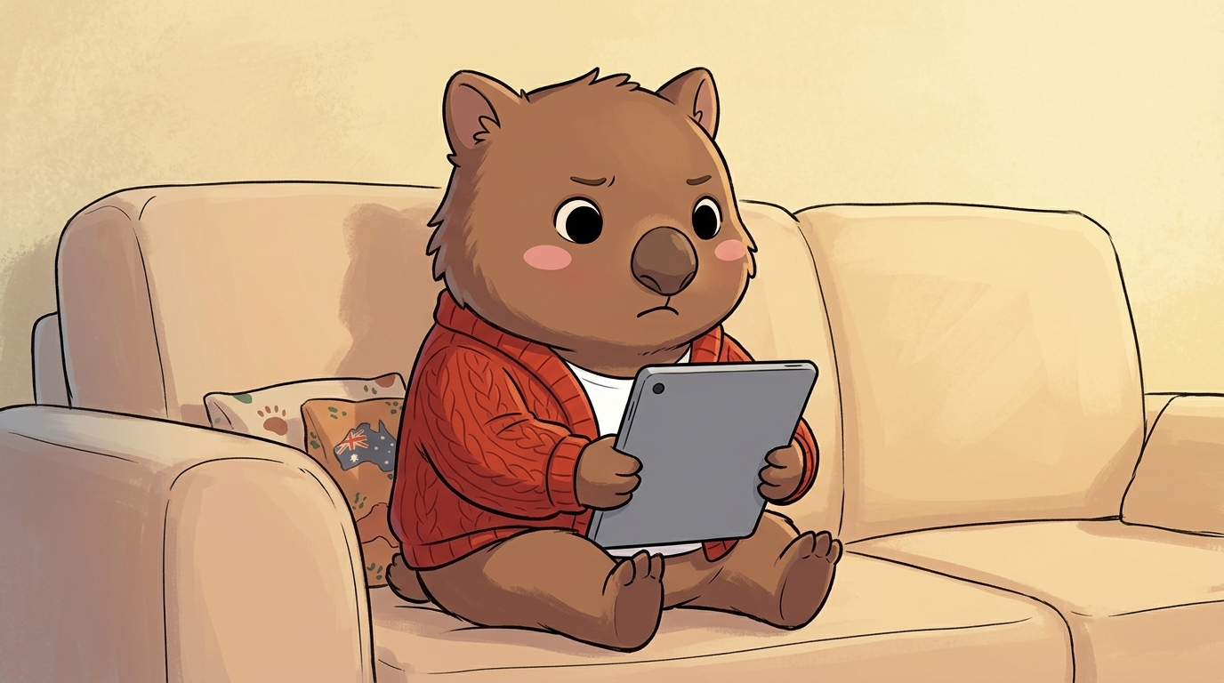 Tilly the wombat seated cross-legged on a beige family-room couch, holding an iPad with the back facing the camera. Her expression is the yuck-feeling beat — small downturned mouth, eyes looking off-camera toward an unseen adult.
